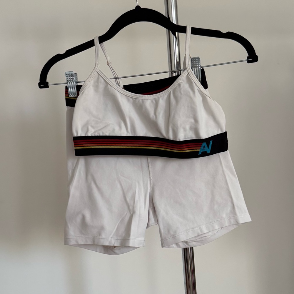 Aviator Nation 4 logo rainbow stripe set, elastic bra+biker shorts, white-size S - Picture 5 of 16